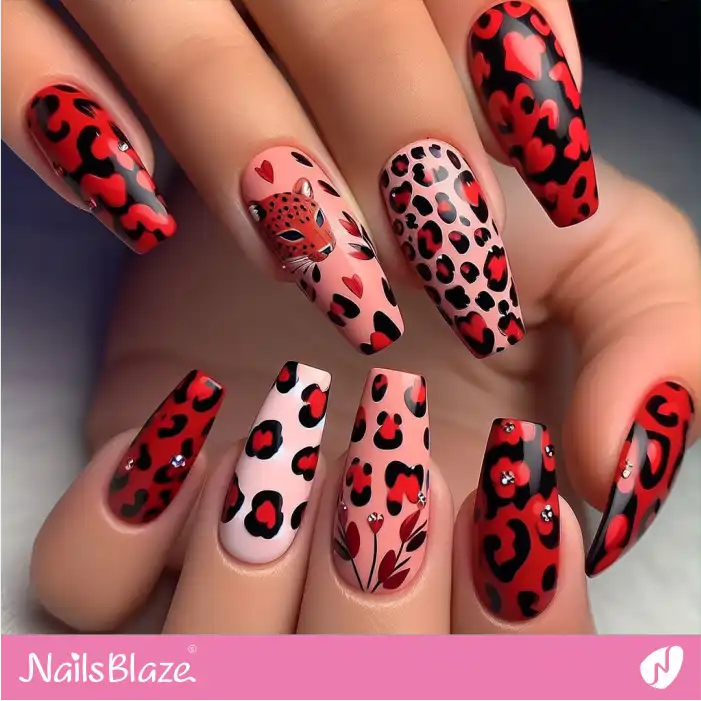 Red and Pink Nails with Leopard Spots | Animal Print Nails - NB2569